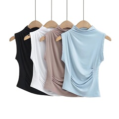 網紅純欲風半高領無袖半高領背心女chic韓國新款夏季不規則褶皺上