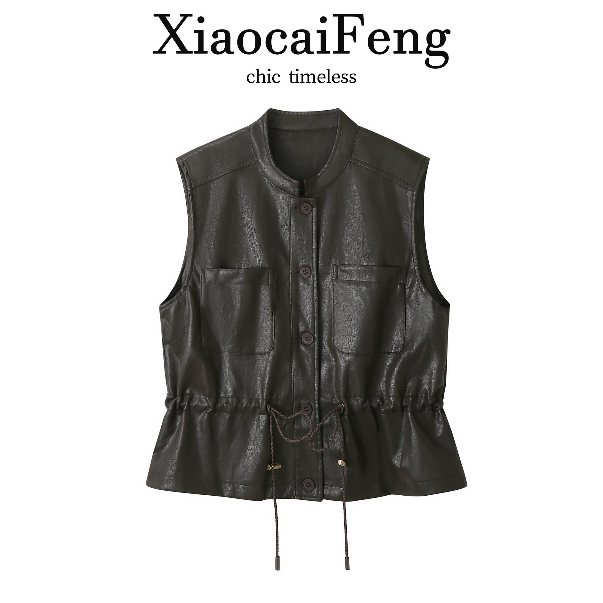 Korean-style stand-up collar cool PU leather vest for women, autumn wear, drawstring waist, large pockets, loose fit, biker sleeveless vest