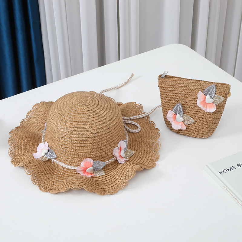 Flower decorated wavy edge straw hat-khaki