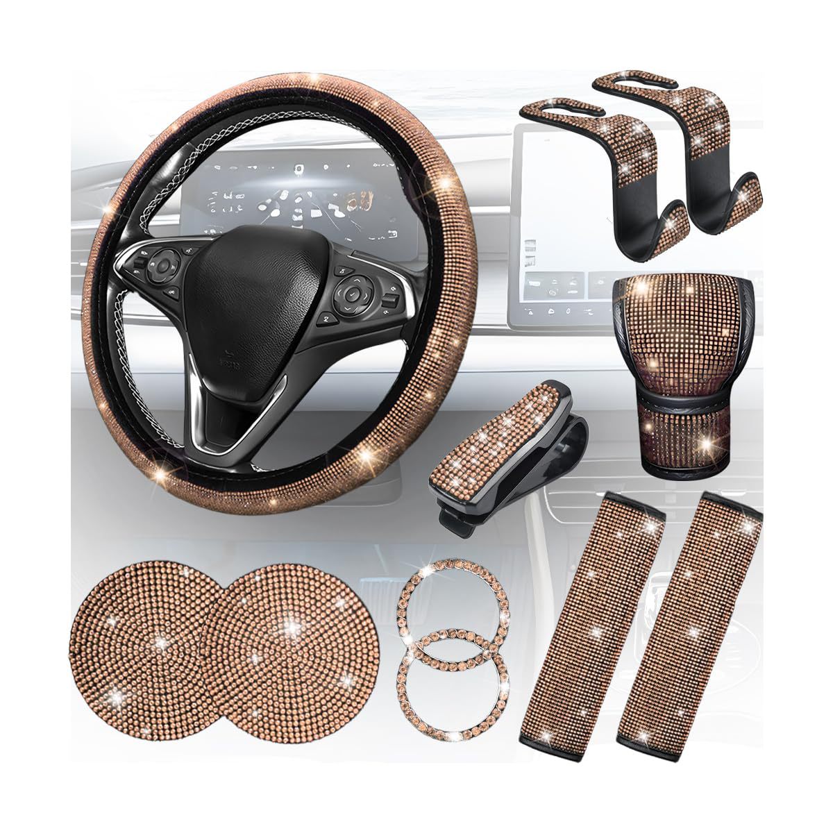11-Piece Car Interior Set with Diamond-Encrusted Steering Wheel Cover, Car Hook, Glasses Holder, One-Touch Start Ring