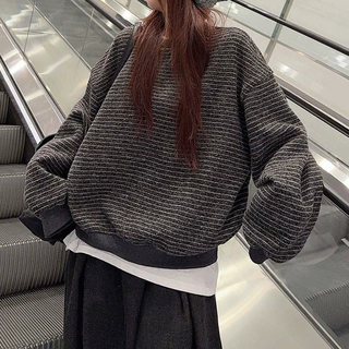 跨境大码圆领套头长袖慵懒针织条纹卫衣女新款秋冬宽松高品质毛衣