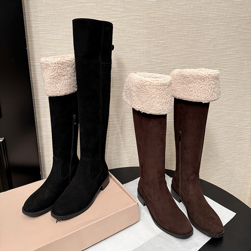 Boot nữ cổ cao ôm chân da bò lộn gót dày hai lớp lông — màu nâu
