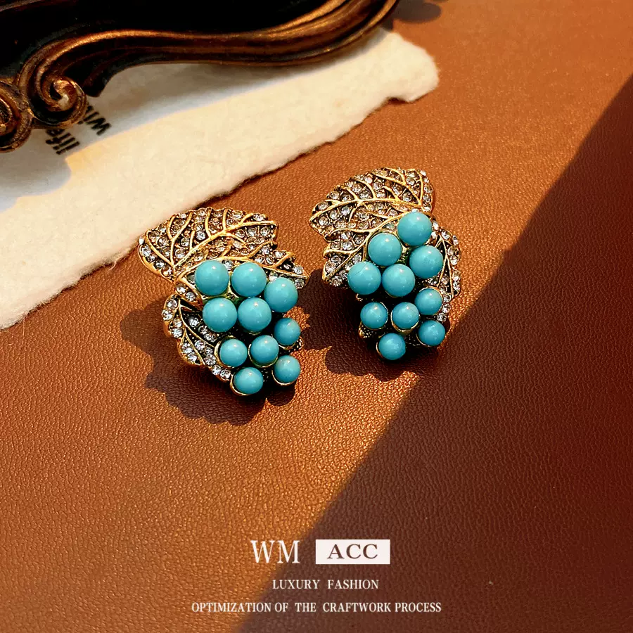 中古vintage银针镶钻树叶耳钉复古时尚高级感耳钉小众设计感耳饰