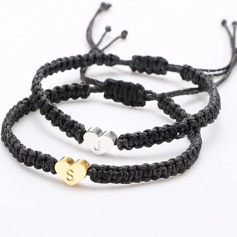 Amazon Black new hand-woven bracelet silver love heart shape 26 letters couple bracelet wholesale