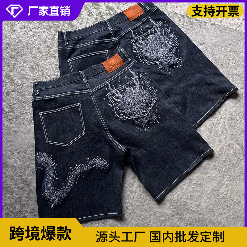 Cross-Border 2026 Summer European and American New Washed Printed Denim Shorts for Men and Women, Street Casual Comfortable Straight-Leg Knee-Length Shorts