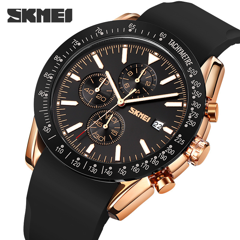 SKMEI 9253 nueva cinta de acero de seis pines calendario luminoso movimiento de cuarzo cronómetro reloj cronógrafo