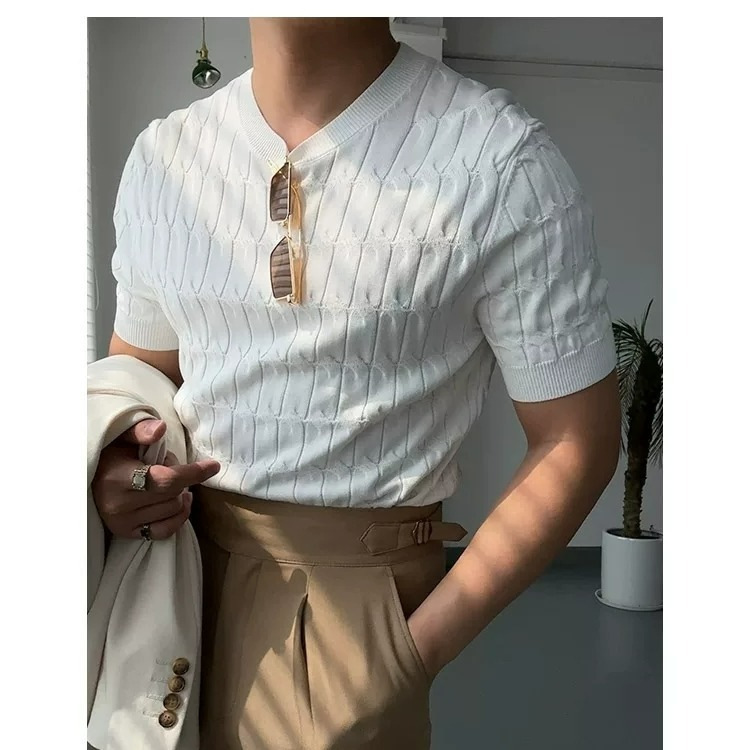 Herren-Poloshirt in schmaler Passform, koreanischer Stil, einfarbig, lässiges Kurzarm-Top, trendiges Strickoberteil für den Sommer_voghion.com