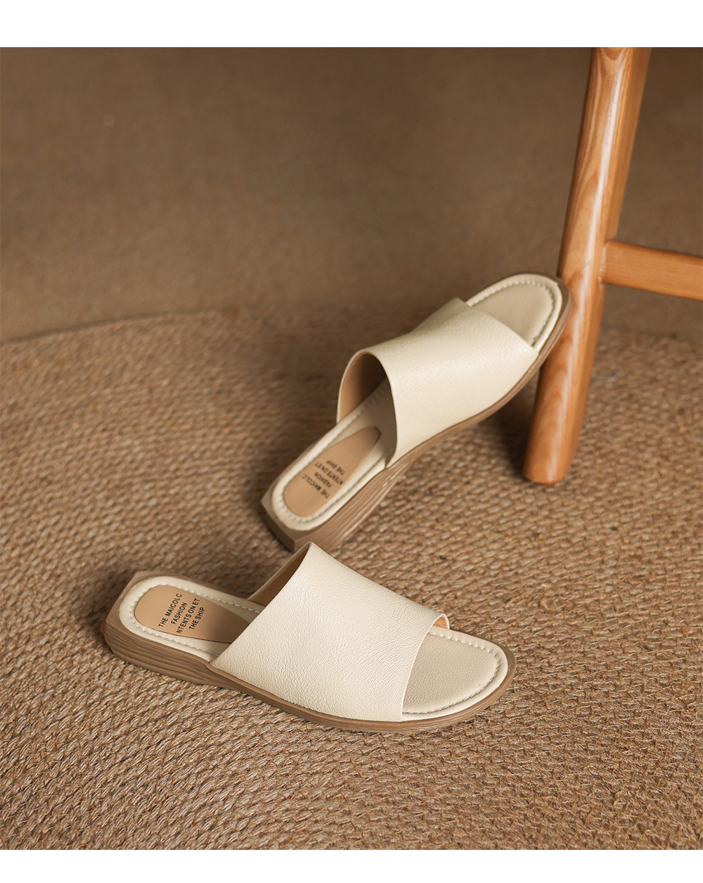 Sandal hở mũi nữ gót thấp da dê mũi vuông quai ngang — màu nâu chi tiết 17