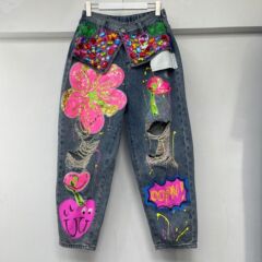 ヘビーデューティーカラーダイヤモンドホットガールスパンコール立体花穴ズボン女性のための 2025 夏秋スリムストレートジーンズ