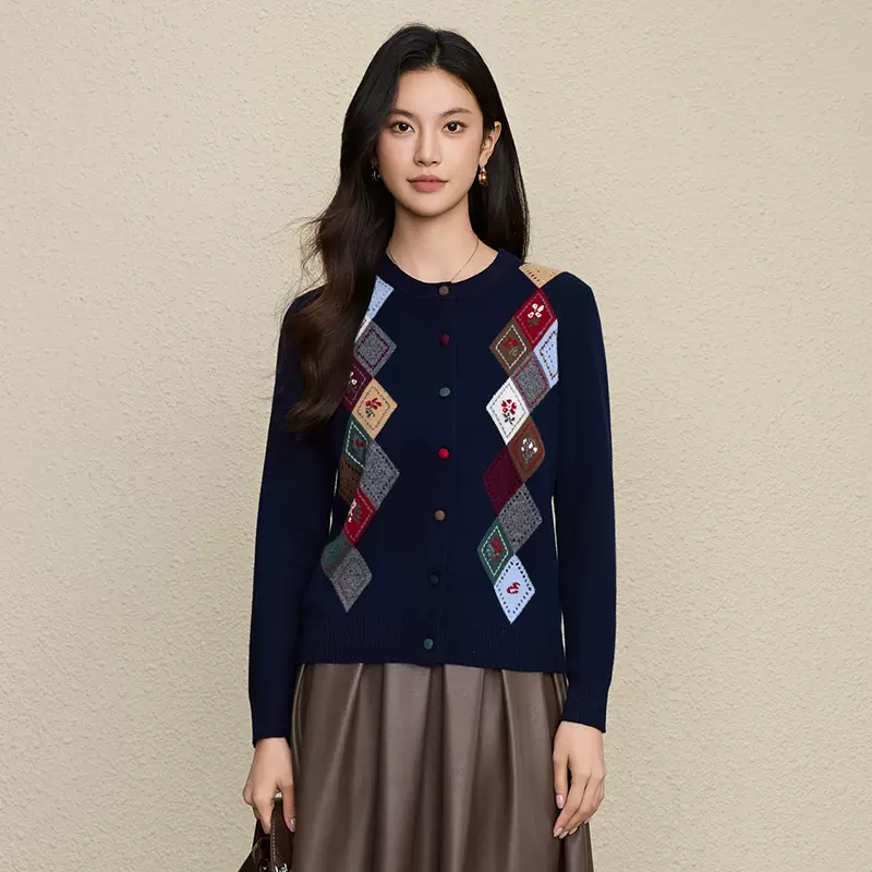 100%羊毛提花圆领针织开衫早秋新品撞色菱形格纹毛衣外套毛衫女