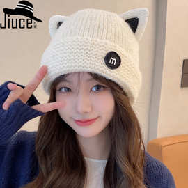 韩国卡通少女猫耳朵减龄针织帽可爱休闲百搭毛线帽加绒护耳保暖帽