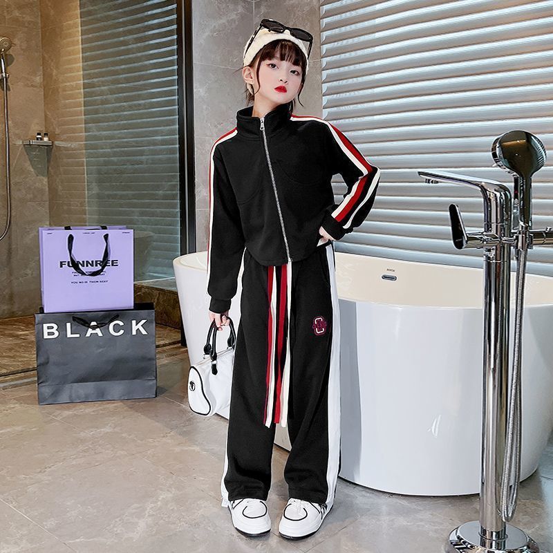 Girls' Stylish Casual Suit Set, Spring 2026 New Arrival, Chic Short Sweatshirt Cardigan Wide-Leg Pants Two-Piece Set