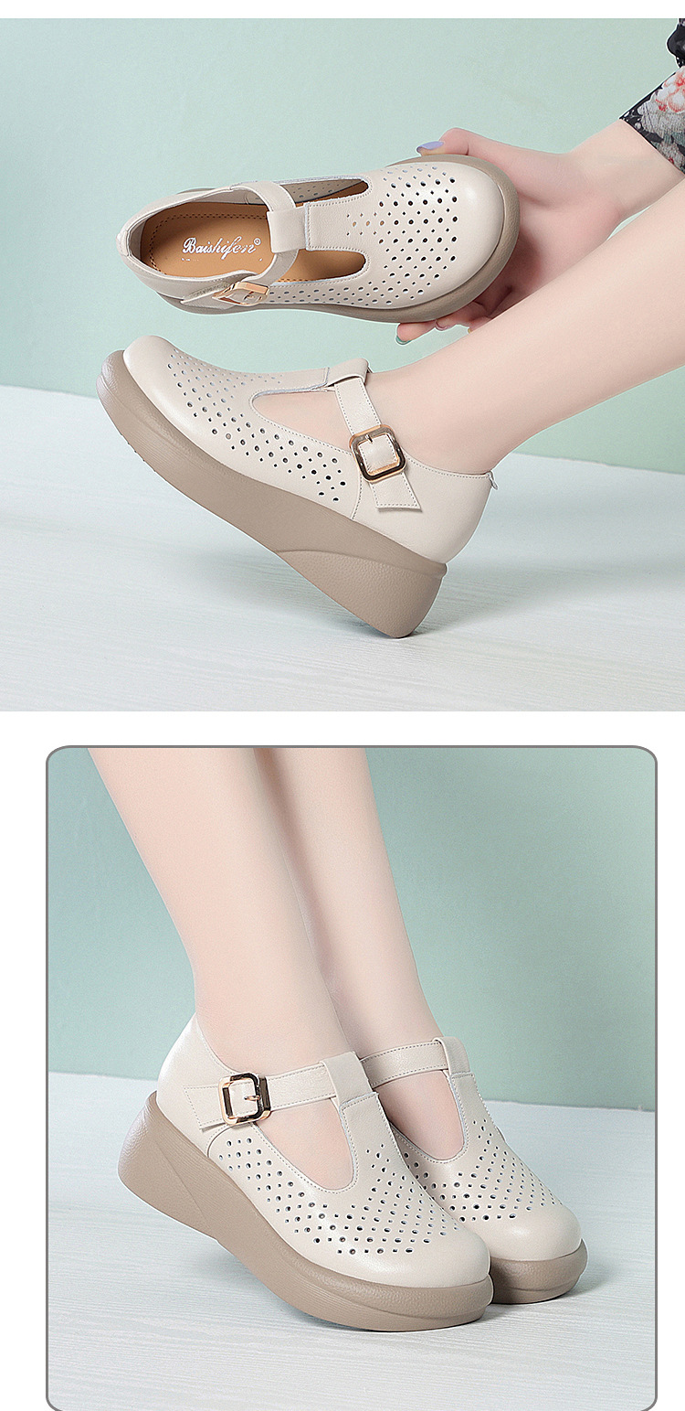 Sandal nữ đế dày gót thô da thật quai dán mũi tròn phong cách hè — Nâu【Kiểu lỗ】 chi tiết 7