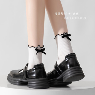 Lace Bow Socks Mid-barrel Ins Spring and Summer Japanese Style Cute Solid Color Girl Lolita Autumn Piled Socks