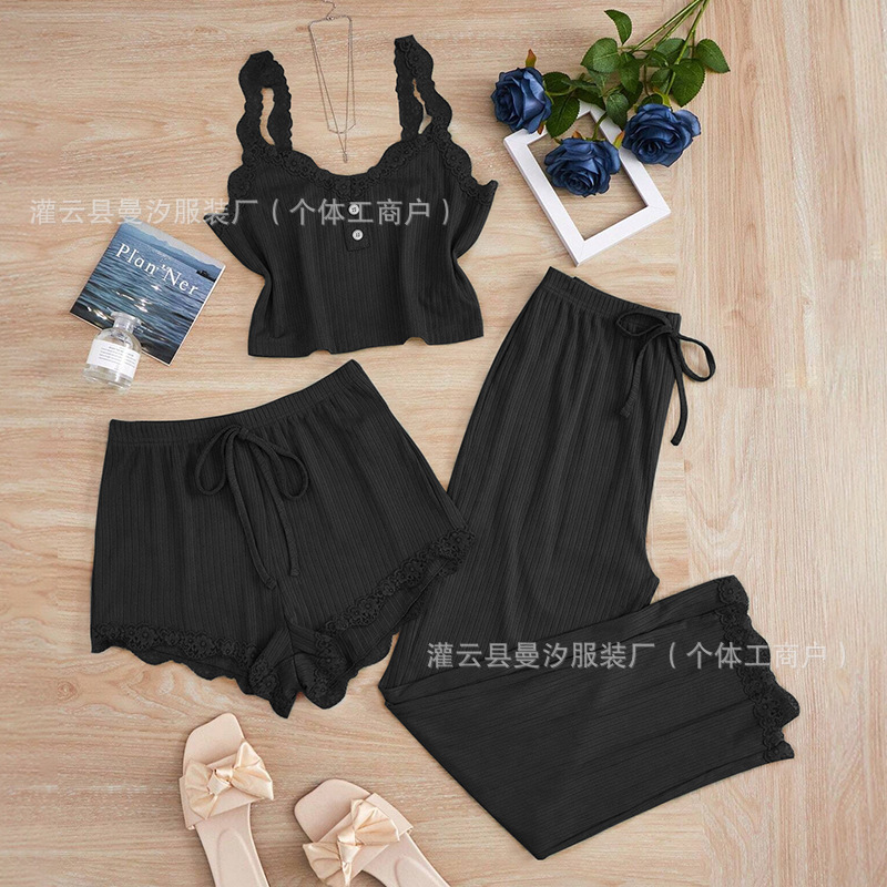 跨境爆款女士家居服欧美花边睡衣三件套背心长短裤睡衣套装|undefined