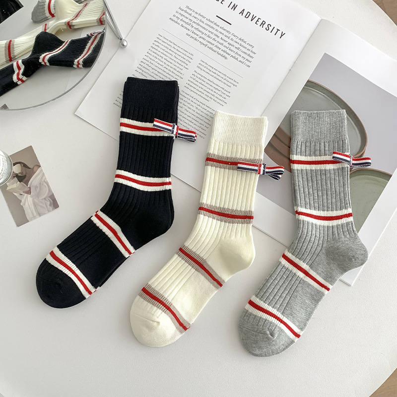 Calcetines de primavera y otoño, calcetines de mujer de doble aguja a rayas, moda, arco, calcetines, calcetines de mujer al por mayor