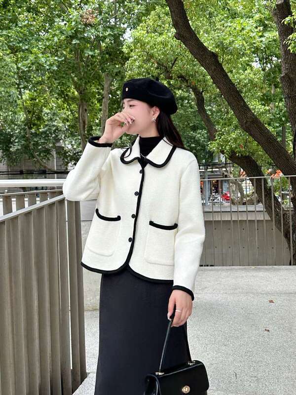 秋冬时尚撞色条纹棒球领拉链开衫毛衣女时尚通勤长袖针织衫外套|undefined