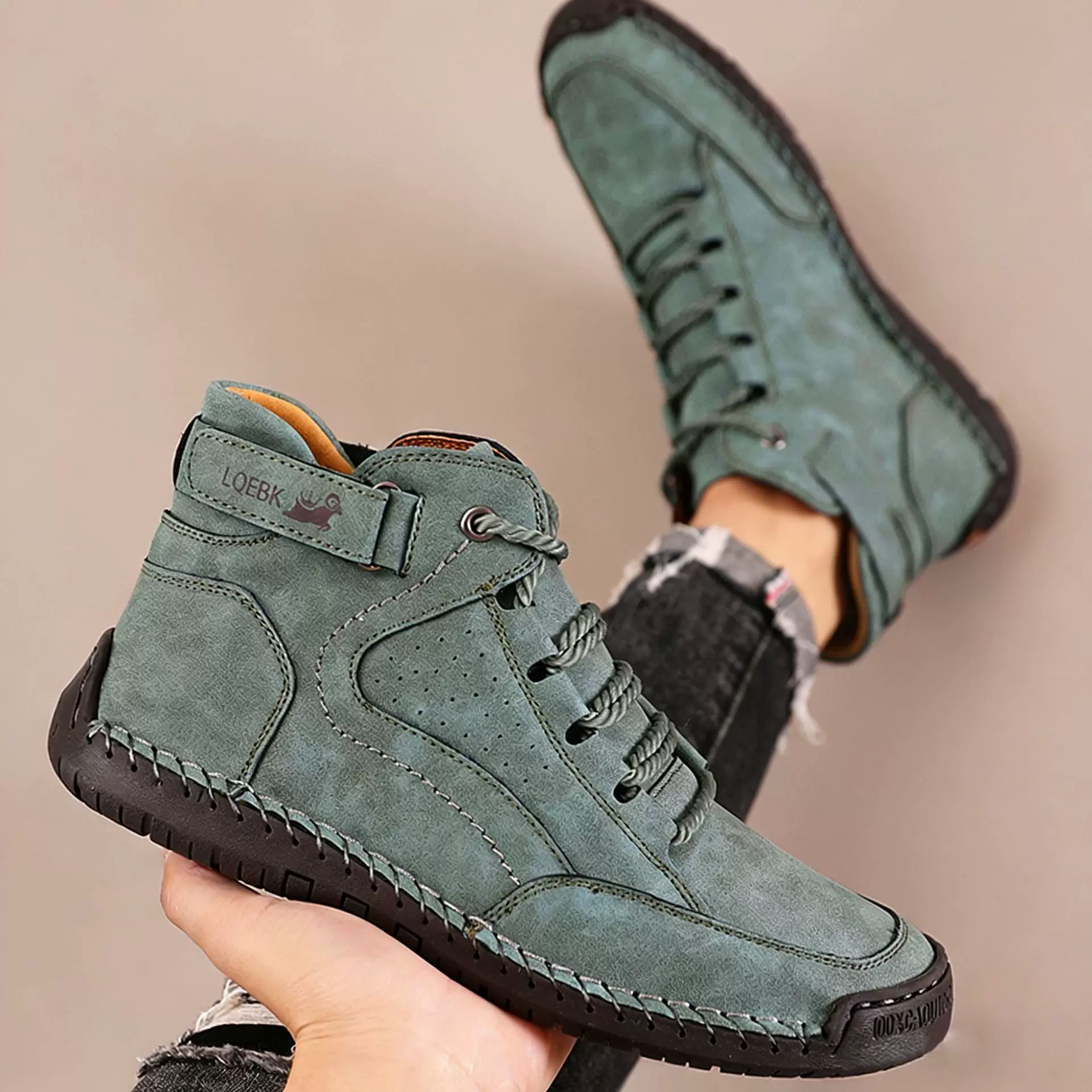 跨境爆款大码男士皮靴男士时尚手工缝线踝靴平底系带休闲鞋马丁靴