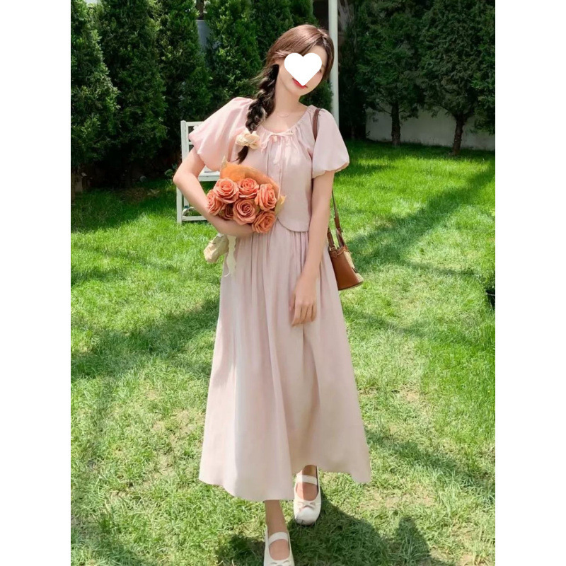 フレンチピンクパフスリーブシャツトップススカートスーツ甘い年齢軽減ファッション夏の新しいツーピースセット|undefined