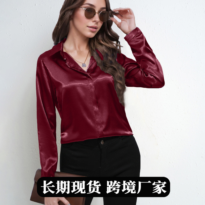 One-Button Satin Shirt, Elegant Work Clothing Long-Sleeved Shirt, Spring and Summer New Loose Top, Cross-Border European and American Clothing
