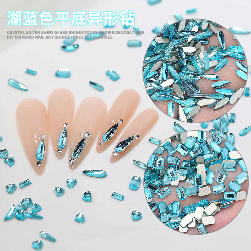 Wholesale peacock blue flat bottom long water drop nail drill burst flash white lake blue shaped drill wear nail jewelry