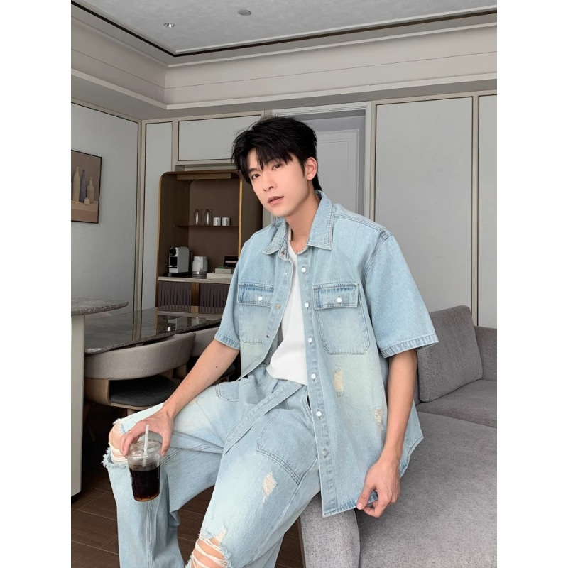 Summer Denim Short-Sleeved Pants Suit for Men 2025 New Men's Clothing with Handsome Cleanfit Short-Sleeved Shirt
