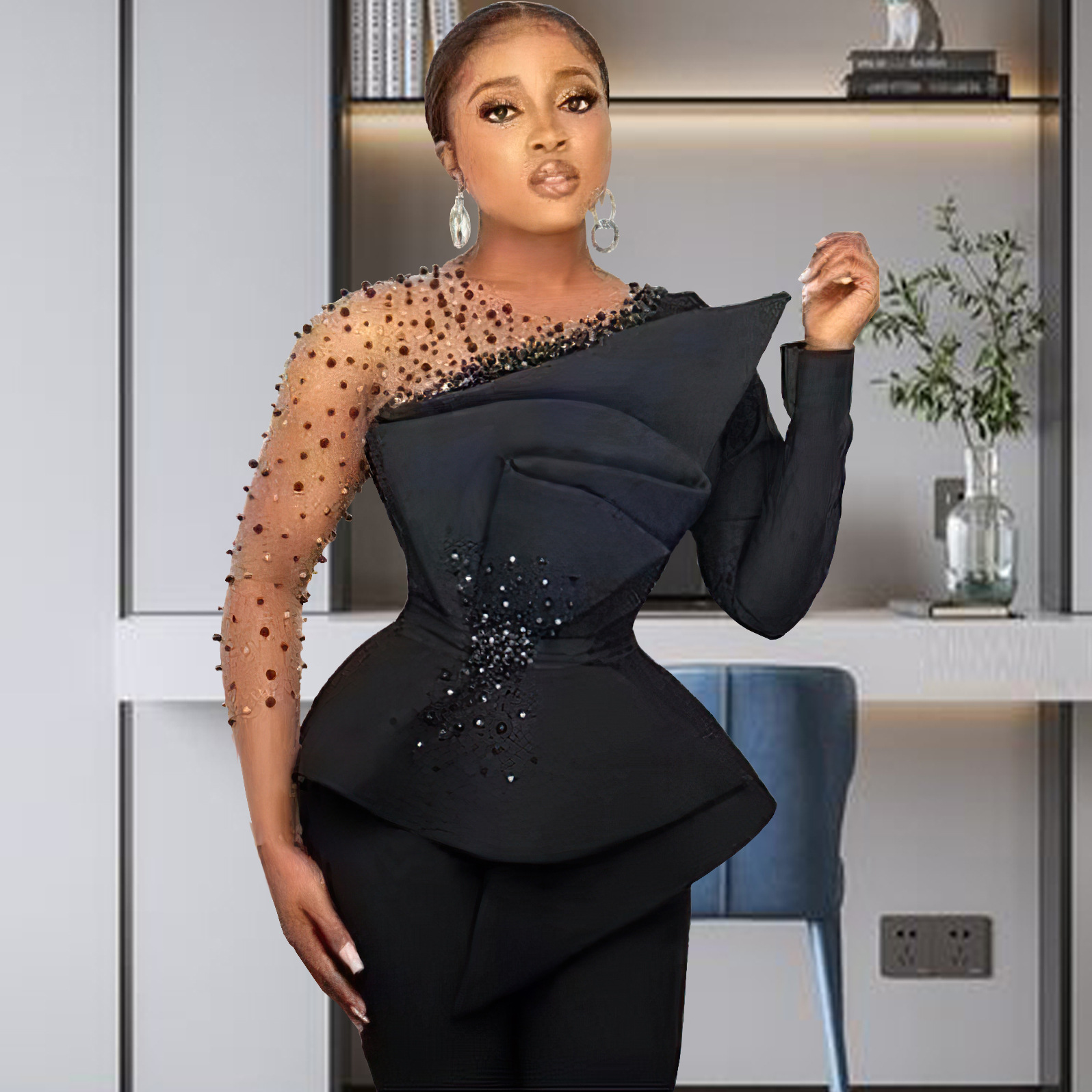 Completo pantalone donna taglie forti con dettagli in mesh e perle_voghion.com