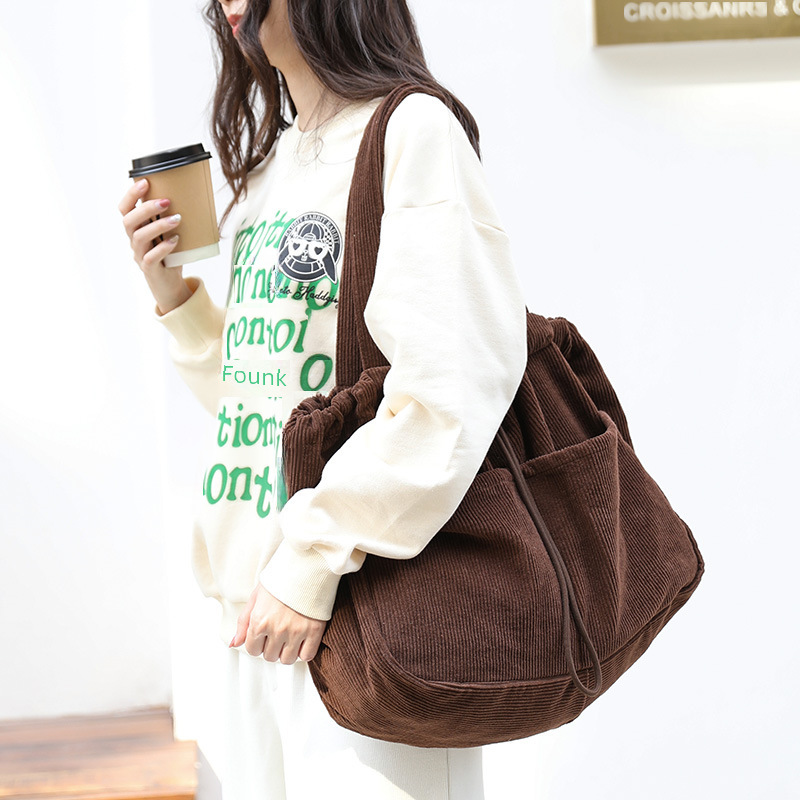 Japanese Style Vintage Corduroy Handbag ins Canvas Large Capacity Underarm Bag Internet Popular Fashionable Drawstring Shoulder Bag for Women_voghion.com