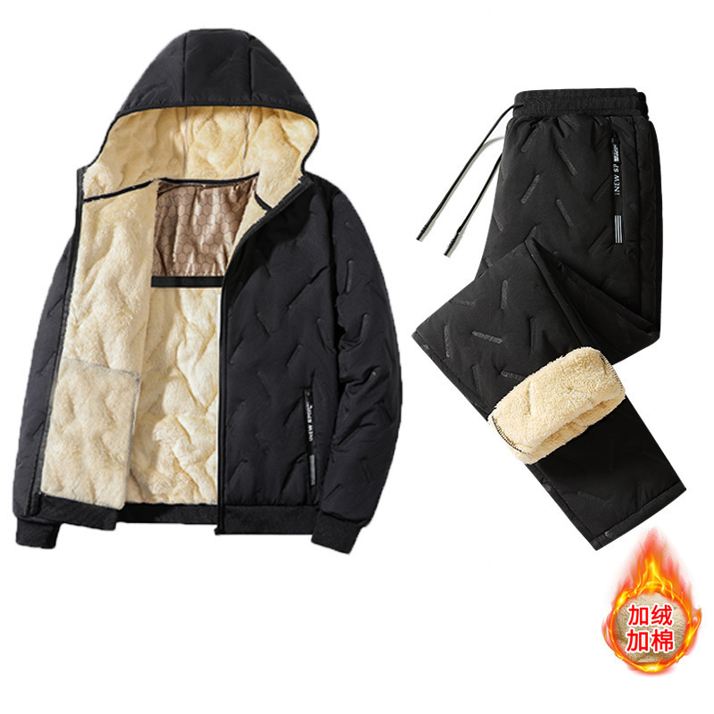 Cross-Border Ultrasonic Cotton Jacket Men's Set, Lamb Wool Winter Thickened Hooded Cotton Coat, Middle-Aged Large Size Two-Piece Set