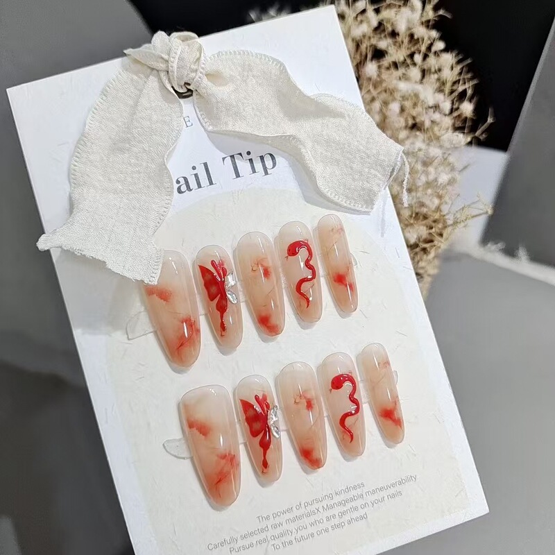 10 Pieces of S147 Butterfly and Snake Long Pointed Round Wearable Nails for Autumn and Winter, Whitening, Daily Simple and Versatile Nail Art Patches