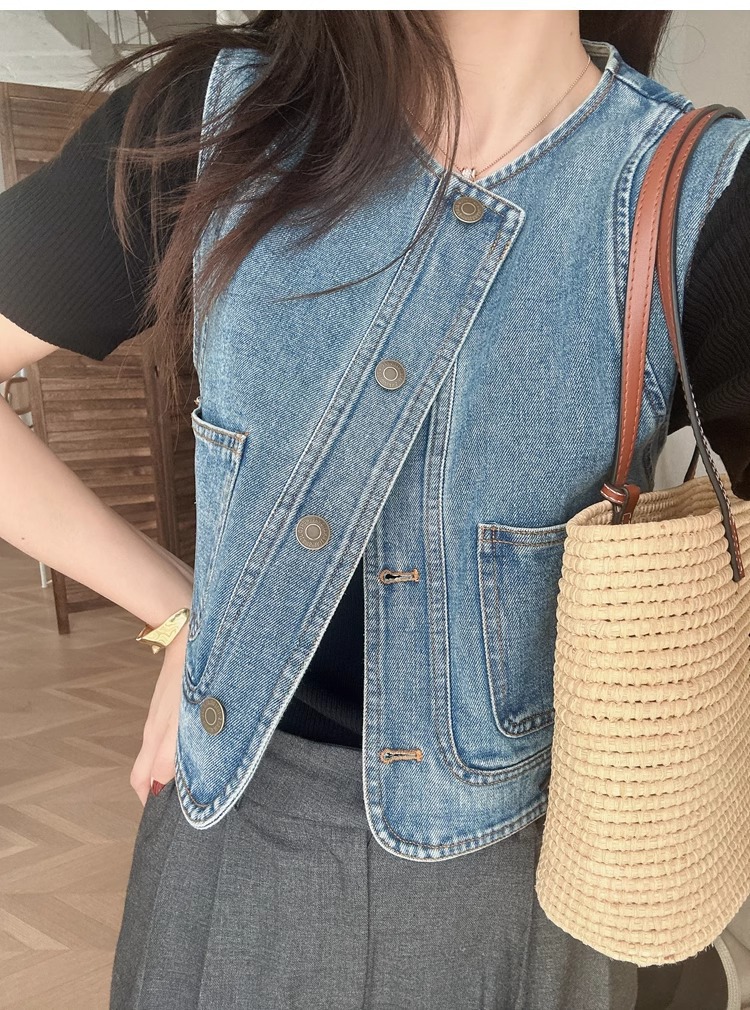 Áo vest denim nữ ngắn tay rộng rãi phong cách thời trang xuân hè — Xanh denim chi tiết 2