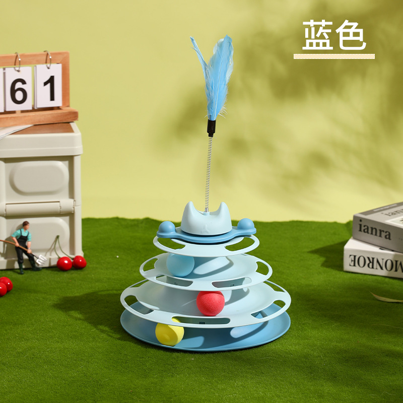 Nueva mascota gato divertido cuatro capas pista de plástico con pluma desmontable gato juguete auto-Hola tocadiscos divertido gato palo venta al por mayor