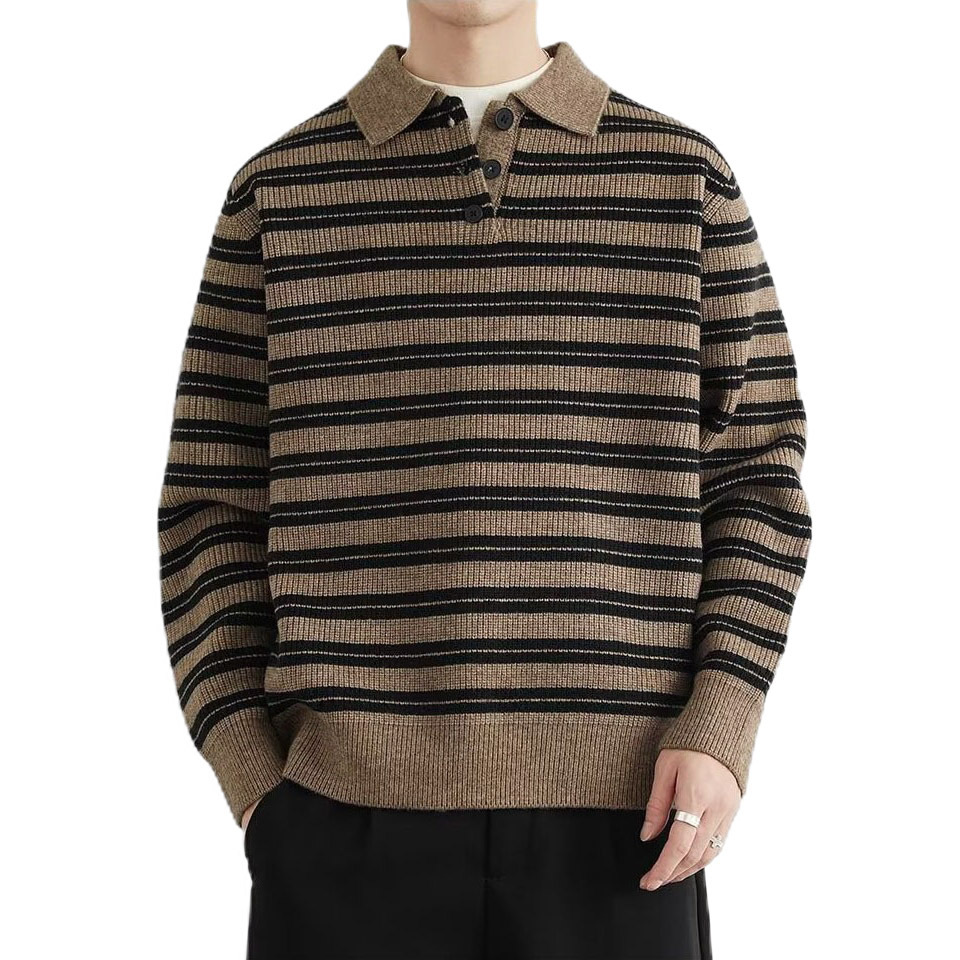 Explosiones transfronterizas de tamaño grande europeo polo camiseta con solapa camiseta de punto suéter hombre rayas viejo viento de otoño y invierno fábrica al por mayor