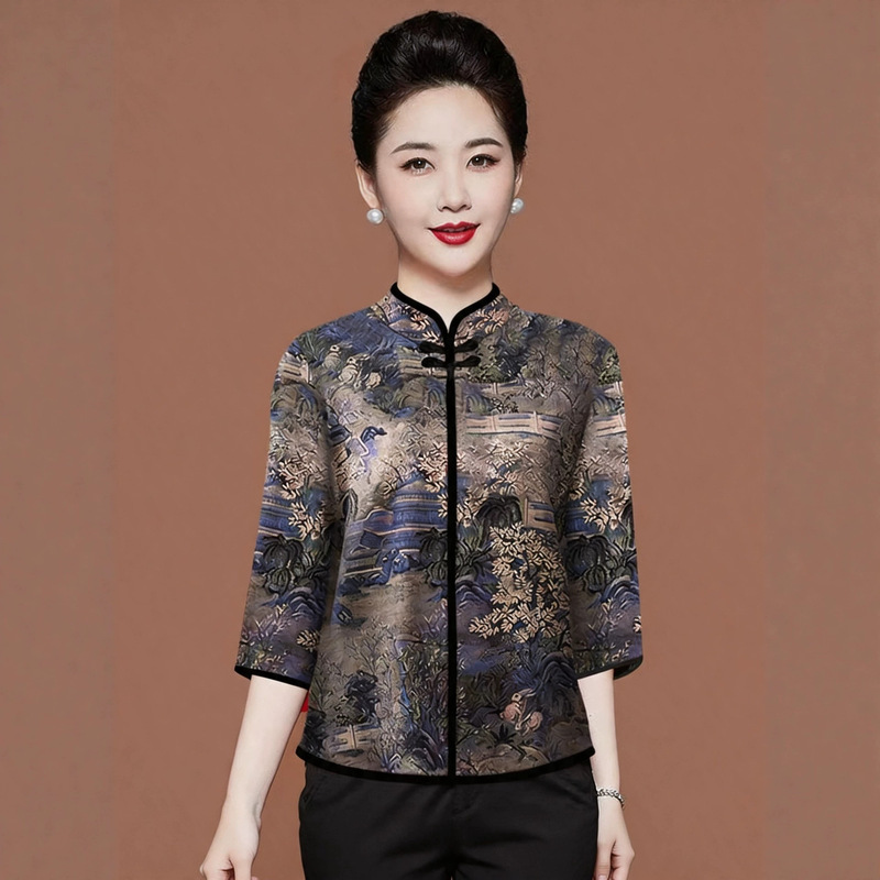 Three-Quarter Sleeve Improved Cheongsam with Traditional Chinese Style Button-Down T-Shirt for Women, Retro Print Ethnic Style Loose Slimming Top for Women