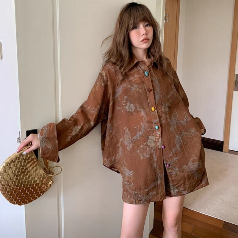 Spring and Summer Suit Women's Clothing 2025 New Coffee Color Printed Long-Sleeved Shirt Shorts Women's Fashionable Two-Piece Set