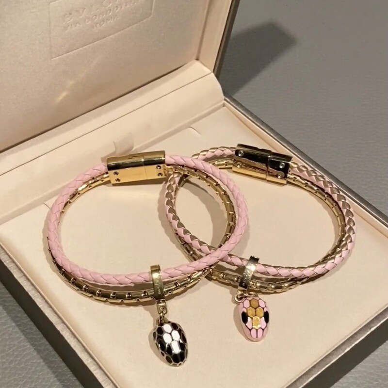 Baojia Ling Snake Transfer Double Layer Bracelet Classic Enamel Snake Head Cowhide Braided Pink Rope Women's Light Luxury Bv Bracelet