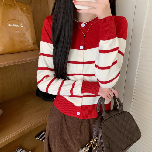 Korean Color Block Striped Embroidered Knit Cardigan for Women Spring Casual Short-Sleeve Soft and Fluffy Sweater Top for Women
