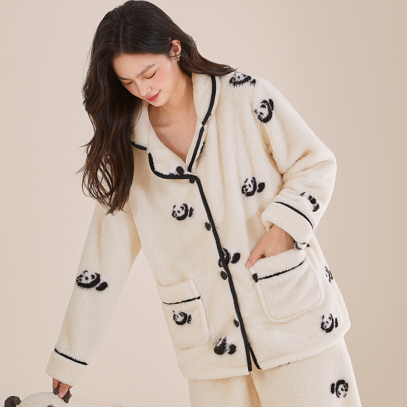 300g Winter Coral Fleece Pajamas for Women, Thickened Set with Fleece, Long-Sleeved Pants, Cute Panda Lapel Loungewear for Women