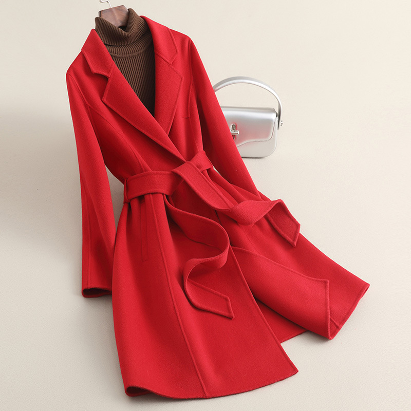 春の新作ハイエンド小柄コート女性用ミドル丈両面ゼロカシミアウエストウールウールコート女性用