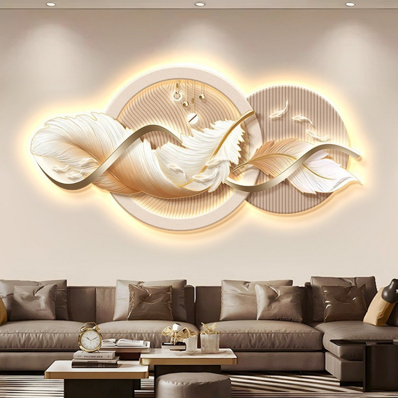 Feather Painting with Lights, Modern Light Luxury Living Room Decoration Painting, Atmospheric Sofa Background Wall Hanging Painting, Good Meaning Mural Wholesale