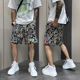 夏季编织色块提花休闲短裤男士复古撞色高档运动五分中裤韩版潮流