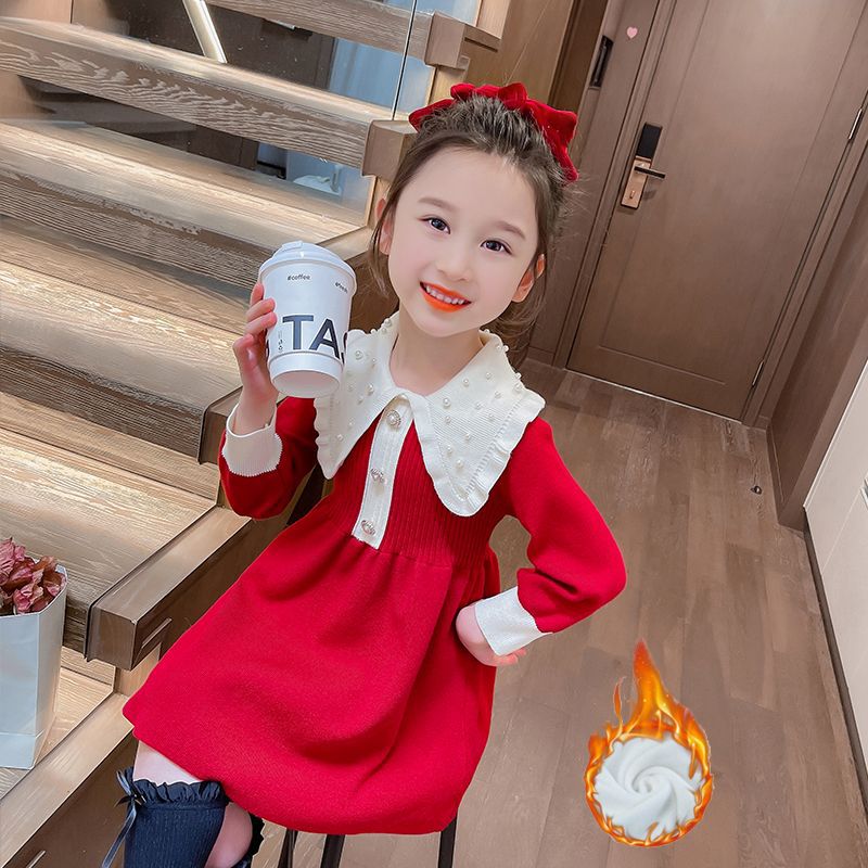 Girls' Sweater Dress 2023 Winter New Korean Style Stylish Solid Color Girl's Knitted Long Sleeve Princess Dress Trendy