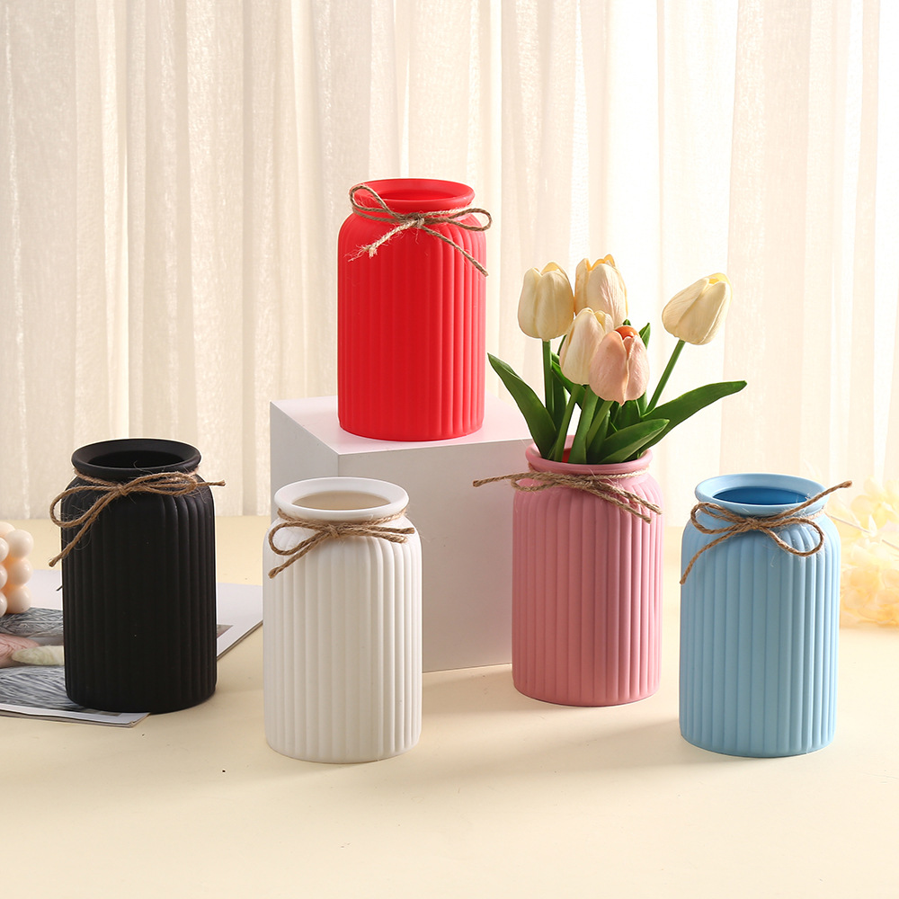 跨境热销ins仿瓷塑料花瓶条纹设计马卡龙色花盆桌面客厅装饰摆件