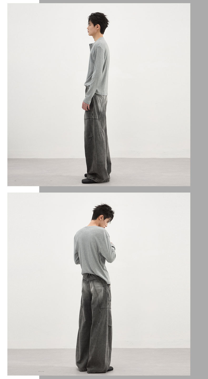 LKTM Men's American Streetwear Zip-Pocket Cargo Denim Pants Relaxed Fit Patchwork Straight-Leg Jeans Unisex_viptrois.com
