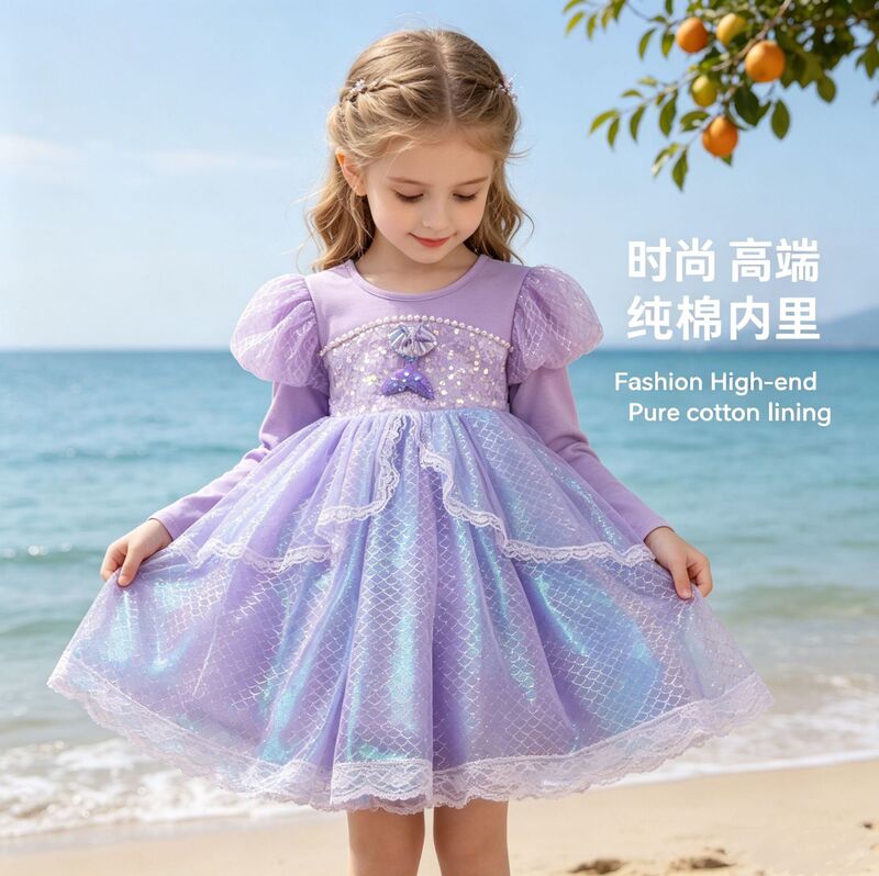 Cute New Long-Sleeved Mermaid Children's Princess Dress Girls' Dress Children's Dress Performance Costume Autumn Dress