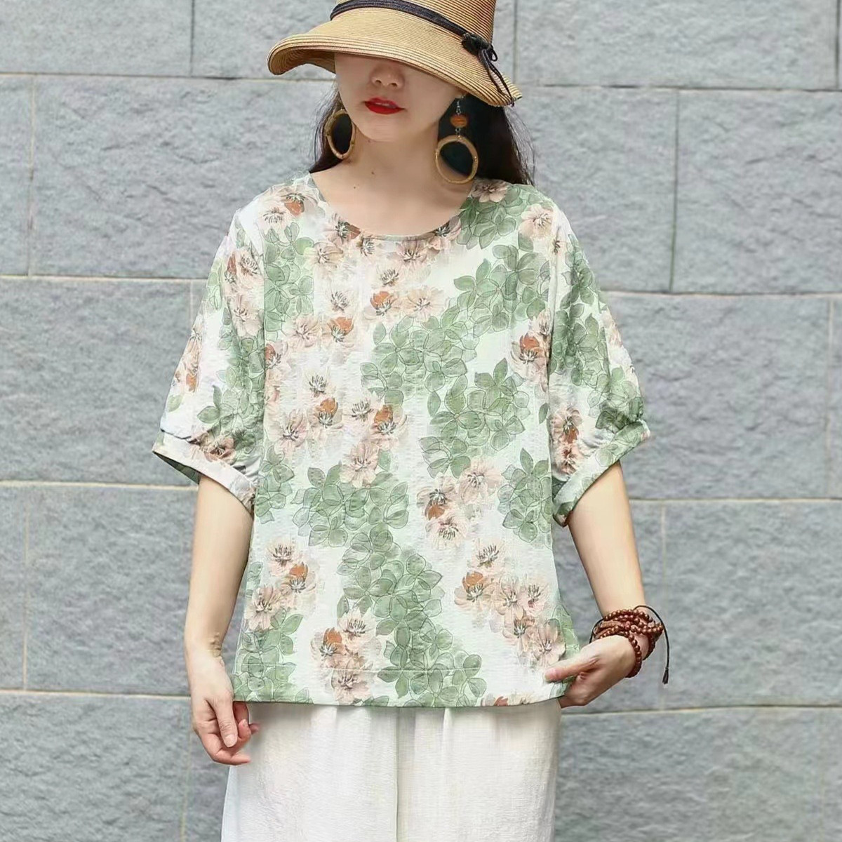 2024 Summer new cotton and linen top women's vintage printed..