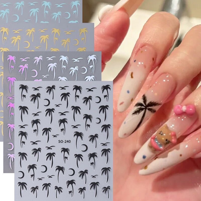 Cross-border new nail art stickers summer bronzing four-color coconut willow swallow moon 3D adhesive nail patch Cross-border new nail art stickers summer bronzing four-color coconut willow swallow moon 3D adhesive nail patch