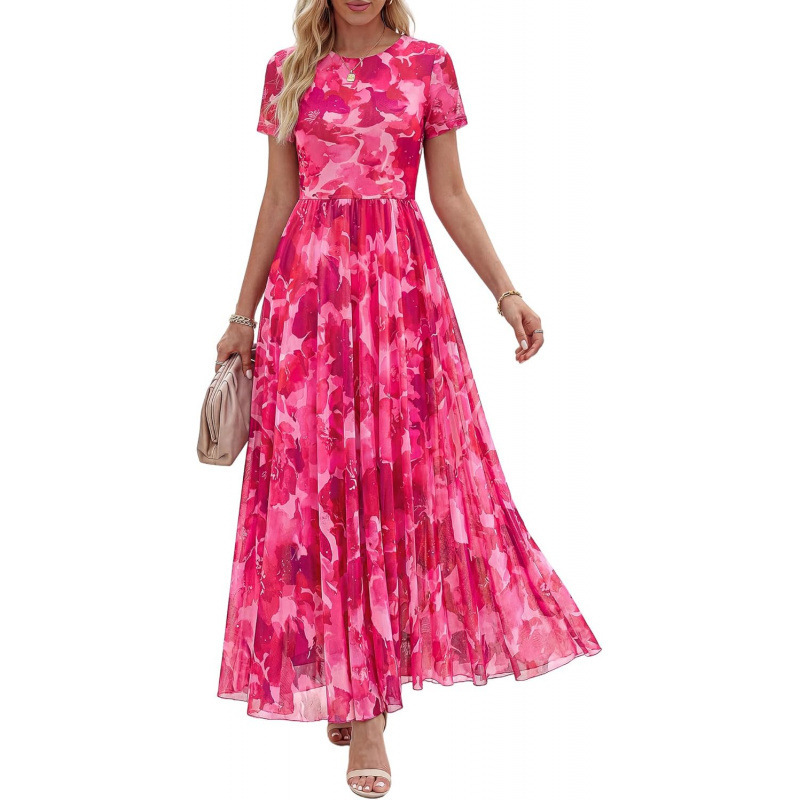 Cross-Border Amazon Qianjin Feng 2026 Summer Formal Short-Sleeve Floral High-End Dress Mid-Length Gown Cross-Border Amazon Qianjin Feng 2026 Summer Formal Short-Sleeve Floral High-End Dress Mid-Length Gown