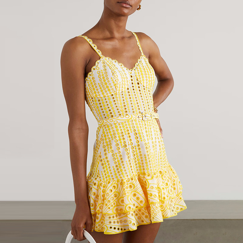 2026 Summer New Style Heavy Embroidery Sexy Ruffle Strap Dress, Slimming Waist, Elegant Short Dress For Women_ecoleips.com