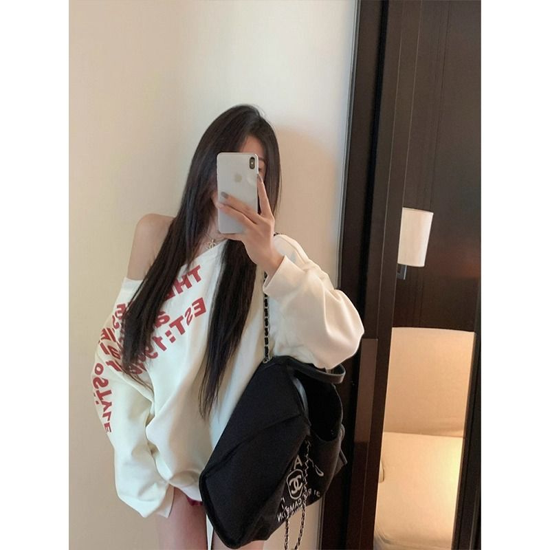 美式卫衣女露肩斜肩春秋冬季oversize慵懒风百搭显瘦宽松上衣外套|undefined